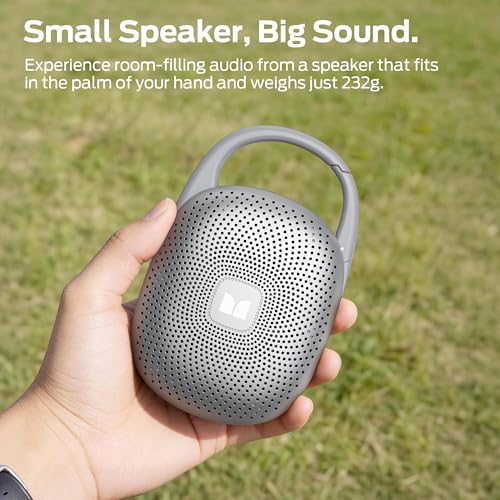 Monster S370 Ultra-Portable Bluetooth Speaker with Integrated Carabiner Clip, IPX7 Waterproof, 29H Playtime, Bluetooth 6.0, TWS Pair Clip-On Speaker for Outdoor, Hiking, Beach, Shower & Travel, Grey