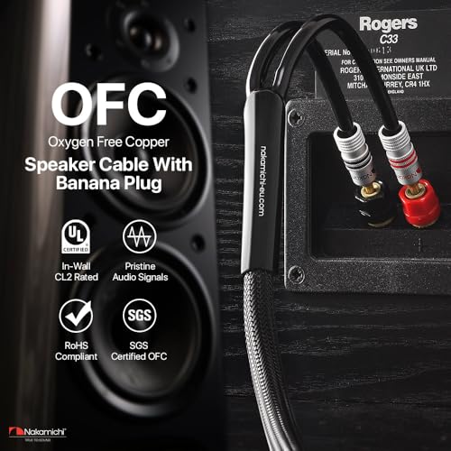 Nakamichi 24k Gold Plated Banana Plugs with Speaker Cable Wire 99.9% OFC | Oxygen-Free Copper, Excel Series, Heavy Duty Braided for Amplifier Receiver Hi-Fi Stereo AV - Black (14AWG / 10 feet / 3.0m) - color: Black (14 AWG), size: 10-Feet (3.0m)