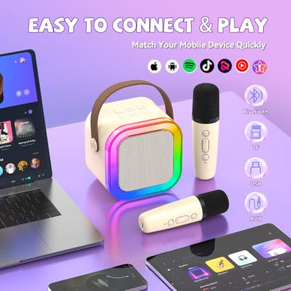Mini Karaoke Machine for Kids Girls Boys - Birthday Gifts for Ages 4 5 6 7 8+ Year Old - Portable Bluetooth Speaker with 2 Wireless Microphone - Kids' Instrument Accessories - Beige - style: Beige