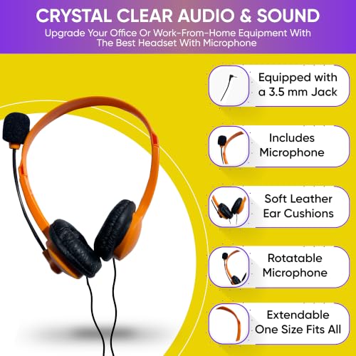 5 Pack Bulk Wired On-Ear Leather Headsets with Boom Microphone and 3.5mm Connector, Black