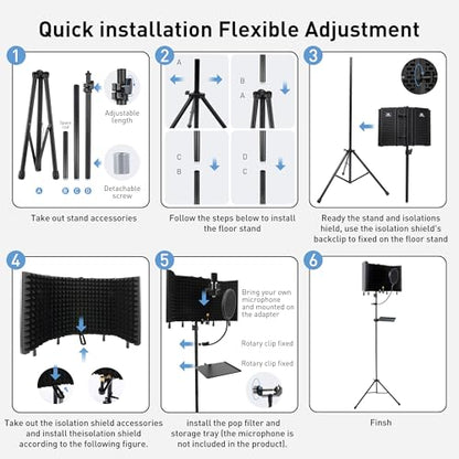 5-Sided Isolation Shield Microphone Stand with Pop Filter