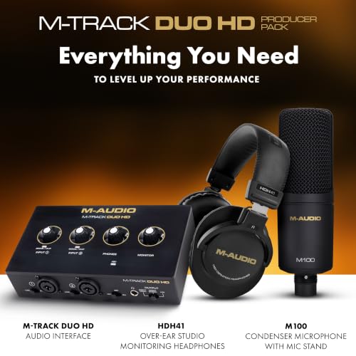 M-AUDIO M-Track Duo HD Recording Studio Pack | 2 XLR/TRS Inputs, 2 TRS Outputs, 24-Bit/192kHz, Condenser Microphone, Studio Headphones, for Creators and Podcasts - size: HD Pack Audio Interface, style: HD Producer Pack