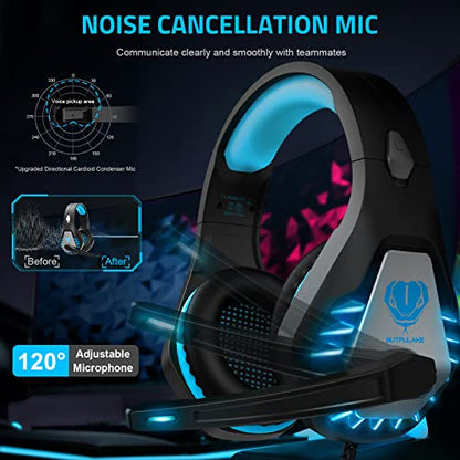 Pacrate Gaming Headset with Microphone for PC PS4 PS5 Headset Noise Cancelling Gaming Headphones for Laptop Mac Switch Xbox One Headset with LED Lights Deep Bass for Kids Adults Black Blue - color: Black Blue