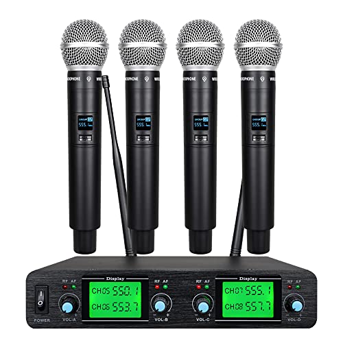 4 Channel Wireless Microphone System 4 Handheld Mic UHF Karaoke DJ Singing Meeting Party New Wedding Church Conference Speech 3 Years Free Warranty Fixed Frequency Long Range