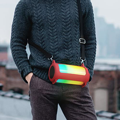 Geekria Silicone Speaker Case Cover Compatible with JBL Pulse 5, Protective Soft Skin, Replacement Bluetooth Speakers Travel Carrying Sleeve with Keychain Hook and Shoulder Strap (Red)