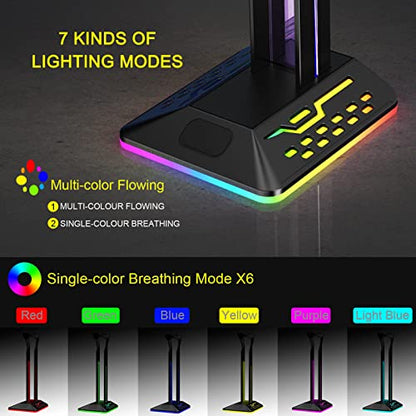 Headphone Stand with RGB Light, Dual USB 2.0 Ports Headset Stand, Stable Gaming Headset Holder with Non Slip Rubber Pad Desk Earphone Hanger for PC Gamers, 10.5x4.8x4.1in