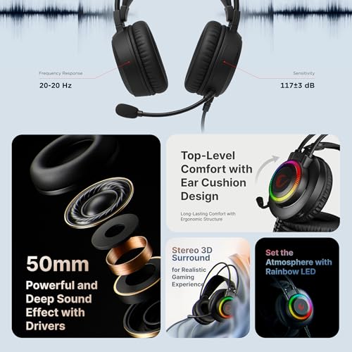 Rampage X-Jammer Wired Gaming Headset – 50mm Drivers, Powerful Stereo Sound, Flexible Mic, Noise Reduction Ear Pads, Rainbow LED, 3.5mm + USB, Multi-Platform Compatibility - color: Black 2