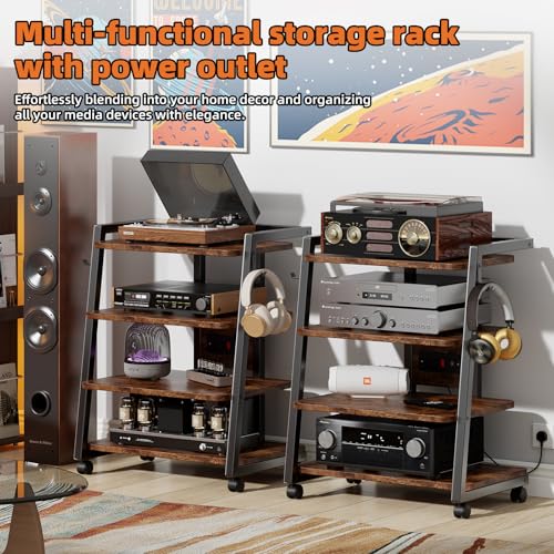 CABTE Mobile AV Media Stand with Outlets and 4 Rolling Caster Wheels | 4-Tier Rolling TV Stand for Gaming Console, Stereo, DVD Player, Sturdy Metal Frame, Versatile Living Room,Bedroom (Brown) - color: Retro Brown