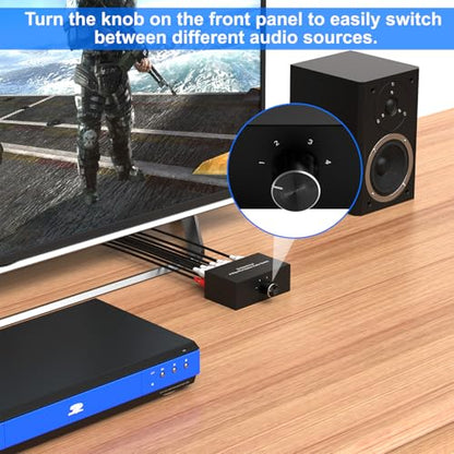 LVY 4-Way Stereo Audio Selector, Bi-Directional L/R Audio Switcher Splitter Box Suitable for Connecting Blu-ray Players or DVD Players to Multiple Stereo Speakers (4in1out/1in 4out)