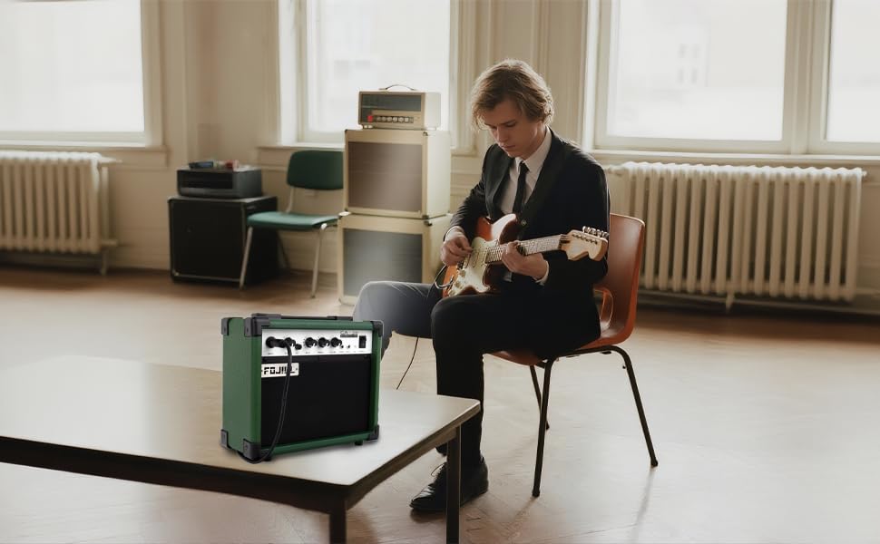 Fojill 20W Watt Electric Guitar Amplifier Amp Practice Small Portable Travel Mini Amp with 3.5 Headphone Jack Aux Distortion Gain Treble Bass Volume (Geen, 20W) - color: Green
