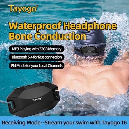 Tayogo Rock PRO W24 Swimming Headphones – Bone Conduction Waterproof Headphones for Swimming, 4-in-1 MP3 Player 32GB, Bluetooth 5.4, FM Radio (Black) - color: Black