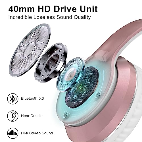 JOMILIN B9 Bluetooth Headphones Over-Ear, 3 EQ Music Modes and 50H Playtime Wireless Headphones with Mic, Hi-fi Stereo Lightweight Folding Headset, Volume Control for Travel Tablet PC (Rose Gold) - color: Rose Gold