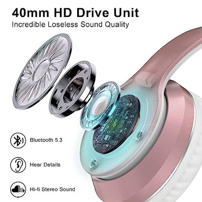 JOMILIN B9 Bluetooth Headphones Over-Ear, 3 EQ Music Modes and 50H Playtime Wireless Headphones with Mic, Hi-fi Stereo Lightweight Folding Headset, Volume Control for Travel Tablet PC (Rose Gold) - color: Rose Gold