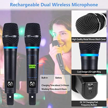 S9 UHF Rechargeable Wireless Microphone System Karaoke Microphone Wireless Mic Cordless Dual with Bluetooth Receiver Box + Volume Control ECHO for Karaoke Singing Speech Meeting Church, 200FT