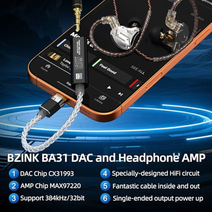USB C to 3.5mm with CX31993 & MAX97220 DAC Headphone Adapter | Portable Decoding Amp Hi-Res 32bit/384KHz Audio Dongle with Silver-Plated OCC Cable for iPhone, Android, Mac, IEMs Earphones - color: Black