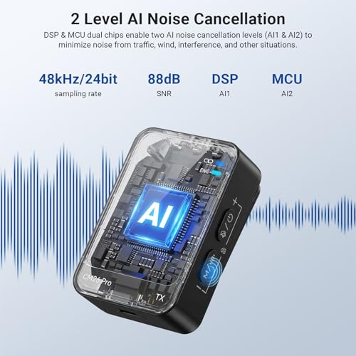 NEEWER CM26 Pro AI Wireless Microphone Compatible with iPhone Android Phone Camera PC, Lavalier Lapel Mic DSP/MCU Noise Cancellation Mute Gain Low Cut 48KHz/24Bit 88dB SNR 50H Battery 100m Range
