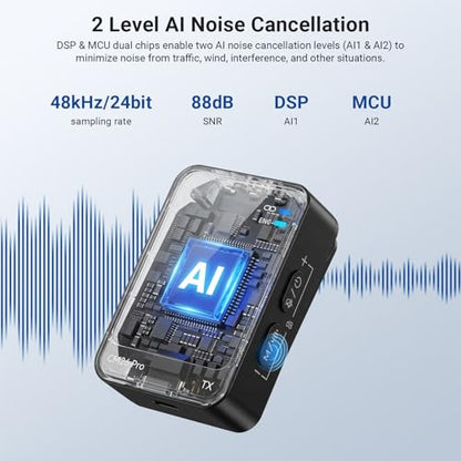 NEEWER CM26 Pro AI Wireless Microphone Compatible with iPhone Android Phone Camera PC, Lavalier Lapel Mic DSP/MCU Noise Cancellation Mute Gain Low Cut 48KHz/24Bit 88dB SNR 50H Battery 100m Range