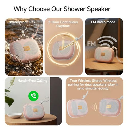 FunHub Waterproof Bluetooth Shower Speaker, Small & Light with Anti-Slip Sides, 3 Play Modes, FM Radio, Bluetooth 5.3 Immersive Stereo Sound (TWS), for Bathroom, Pool, Beach & Outdoor Party – Pink - color: Pink
