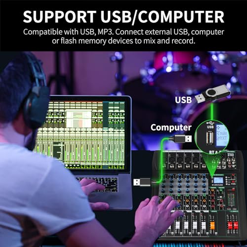 XTUGA 6 Channel Audio Mixer,Professional Digital Sound Board DJ Mixer(CT60) | 48V Phantom Digital Effect,3-band EQ,Bluetooth DJ Mixing Console System,Sound Mixer for PC Podcast Studio Streaming Recording