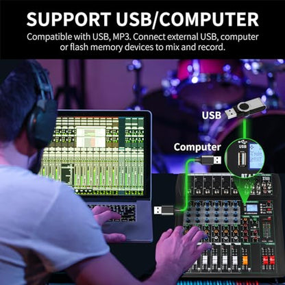XTUGA 6 Channel Audio Mixer,Professional Digital Sound Board DJ Mixer(CT60) | 48V Phantom Digital Effect,3-band EQ,Bluetooth DJ Mixing Console System,Sound Mixer for PC Podcast Studio Streaming Recording