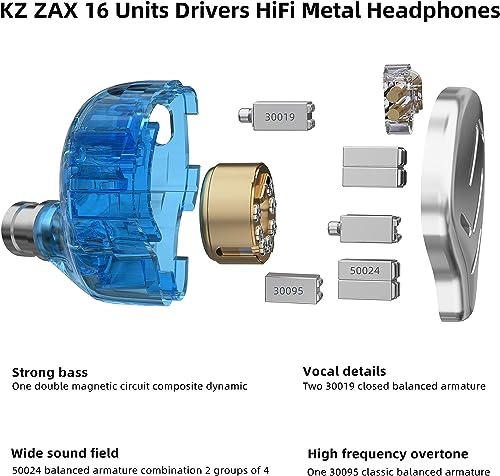 CCA KZ Zax in Ear Monitor Headphones 16 Units 7BA 1DD Hybrid Drivers HiFi IEM Earphones High Clarity Metal Gaming Earbuds with 2 Pin Detachable Cable - color: KZ ZAX Black, size: with mic
