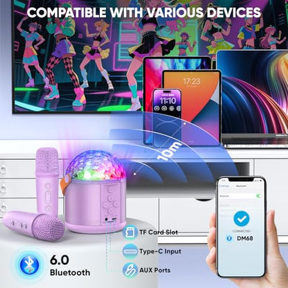 Mini Karaoke Machine for Kids, Birthday Party Gifts Toys for Girls Ages 4 5 6 7 8 9 10 11 12+ Years Old, Karaoke Microphone with 2 Wireless Microphones, Portable Bluetooth Speaker with Disco LED Light - color: Purple