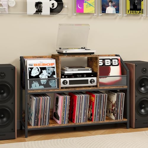 43" Vinyl Record Storage Holder, Large Record Player Table, Holds up to 400 Albums, Vinyl Record Player Display Stand, Removable Dividers, for CD, Audio Equipment Storage, Rustic Brown TCW77BF