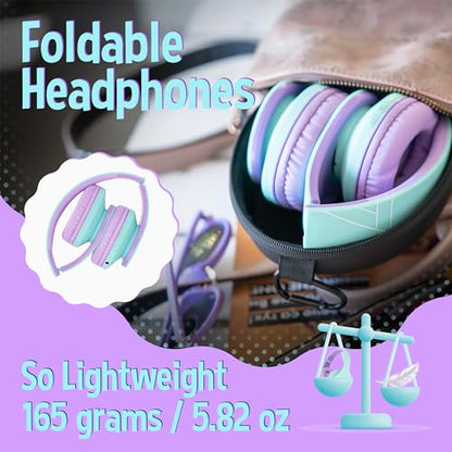 PowerLocus Kids Headphones Over-Ear, Bluetooth Wireless Headphones for Kids,with Microphone, Safe 85DB Volume Limited, Foldable with Carry Case, Audio Cable, Micro SD mode for Online Classes,PC,Phones - color: Teal
