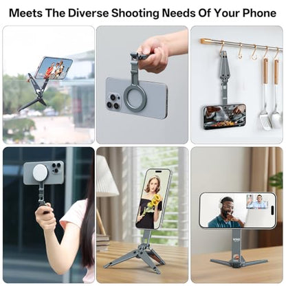 VRIG MG-34 Magnetic Tripod Stand for iPhone, Aluminium Alloy Foldable Phone Stand for Desk/Handheld, 1/4'' Screw Hole, Cold Shoe Mount and Hook, Compatible with iPhone 17 16 15 14 13 12 Series - size: MG-34 Tripod