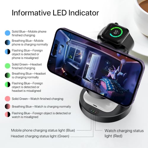 3 in 1 Wireless Charging Station for Apple Devices,Magsafe Charger for IPhone17 16 15 14 13 12 Pro/Max/Plus/Mini Wireless Charger Station for AirPods 2/3/4/Pro iWatch Ultra11/10/9/8/7/SE/6/5/4/3/2 - color: Black