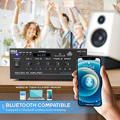 Pyle Compact Mini Home Power Amplifier - 40W Smart Small Audio Stereo Receiver w/AUX, 2 Microphone in, COM/8-Ohm/25V/70V Speakers, LED, Input Selector, for PA, Amplified Speaker Sound System PCM20A.5 | COM/8-Ohm/25V/70V Connect, LED Display - PCM20A.5 - s