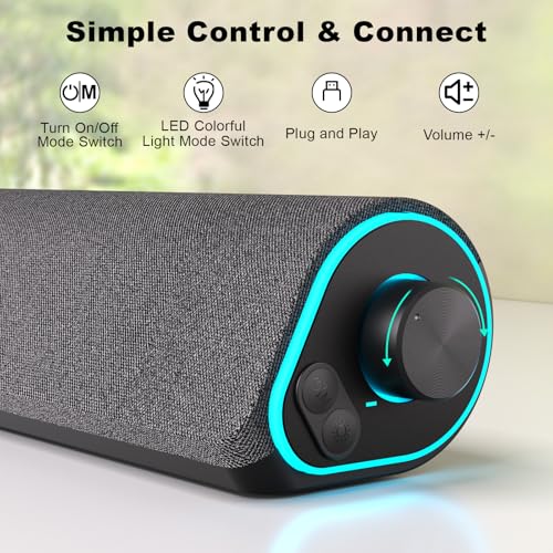 SOULION Bluetooth Computer Speakers for Desktop Monitor PC USB Powered | USB Powered & 3.5mm, Colorful LED Lights, Switch Button Clear & Rich Sound, Breathable Cloth,Surround Soundbar - color: Dark Grey