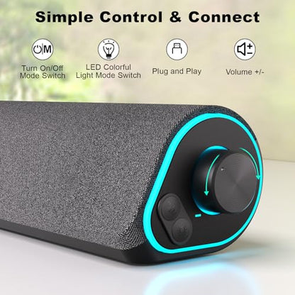 SOULION Bluetooth Computer Speakers for Desktop Monitor PC USB Powered | USB Powered & 3.5mm, Colorful LED Lights, Switch Button Clear & Rich Sound, Breathable Cloth,Surround Soundbar - color: Dark Grey