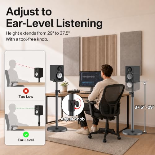 Heavy Duty Studio Monitor Stand Pair for Yamaha HS5/HS7/HS8, Edifier MR4/MR5, JBL 305P, Height Extend 29-37.5", Dual Side Clamp Fit 5"–11" Speaker Stand, Built-in Cable MGMT&Anti-Vibration Foam Pads