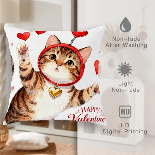Cat Throw Pillow Covers Set of 2, Playful Fanciful Hearts Red Headband Valentine Red Soft Velvet Washable Square Pillow Cases for Living Room Bed Office Sofa Chair Decor 16x16 Inch - size: 16" x 16" (Pack of 2)