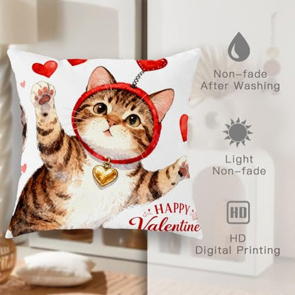 Cat Throw Pillow Covers Set of 2, Playful Fanciful Hearts Red Headband Valentine Red with Hidden Zipper Decorative Pillow Cases for Living Room Apartment Bed Sofa Decor 20x20 Inch - size: 20" x 20" (Pack of 2)