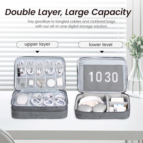 Electronic Organizer Travel Case, Double Layer Cable Organizer Bag | Double-layer design with adjustable dividers, mesh pockets and elastic loops for chargers, cables, power banks and gadgets - color: gray