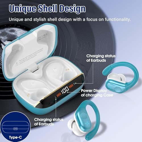 Qecnato Wireless Earbuds Bluetooth 5.4 Headphones 75H Stereo Deep Bass Sports Over Ear Buds with Earhooks, LED Display Bluetooth Earbuds with 4 ENC Mic, IP7 Waterproof Earphone for Running, Blue