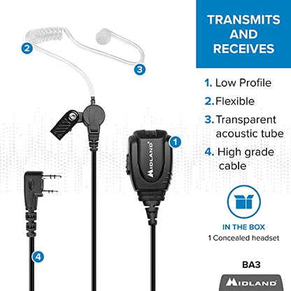 Midland – BA3 Concealed Headset for Business Radios – Clear Earpiece with Push to Talk Microphone | Clear Earpiece with Push to Talk Microphone for Discrete Communication, Security, Event Staff and More - style: Concealed Headset