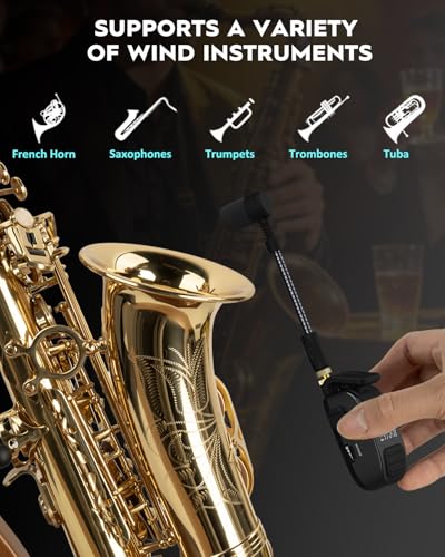 UHF Rechargeable Wireless Instrument Microphone System with Clip-on Transmitter & Receiver, 99ft Range, Reverb OTG Recording, for Trumpet, Trombone, Saxophone & Brass Instruments