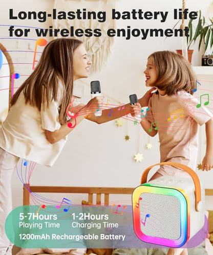 Mini Kids Karaoke Machine Toy Ages 3-12, 2 Wireless Mics Bluetooth Speaker | LED Party Lights, Voice Changer, Duets, BT 5.3, Rechargeable Portable, Christmas Birthday Gifts for Toddler Boys & Girls - color: Off-White - 2 Mics