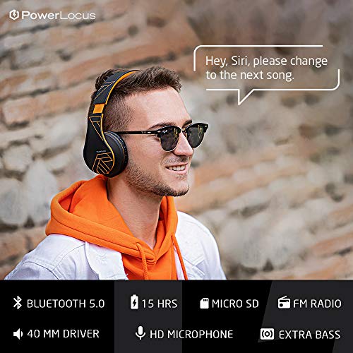 PowerLocus Bluetooth Over-Ear Headphones, Wireless Stereo Foldable Headphones Wireless and Wired Headsets with Built-in Mic, Micro SD/TF, FM for iPhone/Samsung/iPad/PC (Black/Orange) - color: Black/Orange