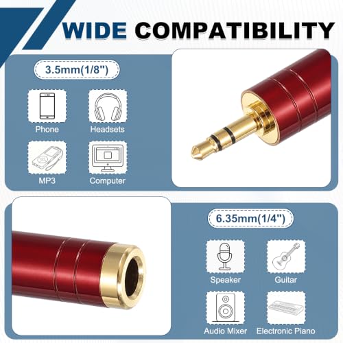 MECCANIXITY 2Pcs TRS 3.5mm Male to 6.35mm Female Stereo Headphone Adapter, 1/8" Plug to 1/4" Jack Pure Copper Audio Converter Gold Plated for Guitars Speakers Laptops, Red - color: Red