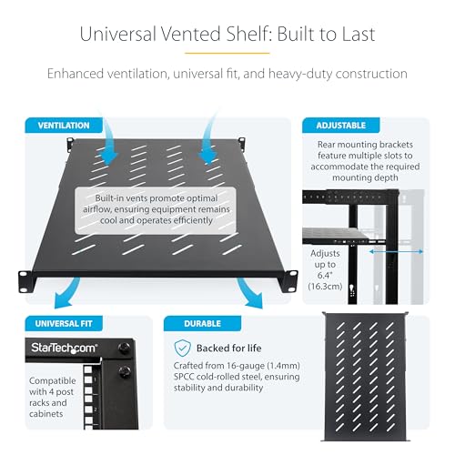 StarTech 1U 4-Post Vented Rack Shelf, 28-34.4in, 150lb (ADJSHELFV-Rack) | Adjustable depth 71.1-87.3cm, 150lb/68kg capacity, Cold-rolled steel, M5 hardware - size: 28-34.4in