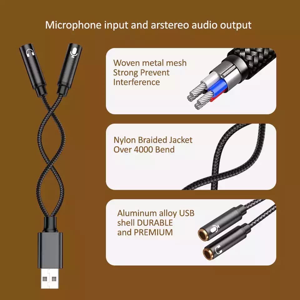USB to 3.5mm Jack Audio Adapter, USB Audio Cable, External Sound Card USB to Headphone and Mic Adapter, USB 2.0 Male to Dual 3.5mm Female Headset TRS Jack for PS4, PC, Laptop, Gaming Headset Headphone