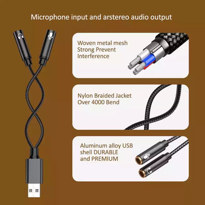 USB to 3.5mm Jack Audio Adapter, USB Audio Cable, External Sound Card USB to Headphone and Mic Adapter, USB 2.0 Male to Dual 3.5mm Female Headset TRS Jack for PS4, PC, Laptop, Gaming Headset Headphone