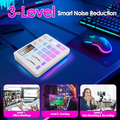 Portable Audio Mixer & Live Sound Card with Voice Changer, RGB Gaming Lights, Bluetooth Accompaniment, Compatible with, PC, for Streaming and Podcasting (White)