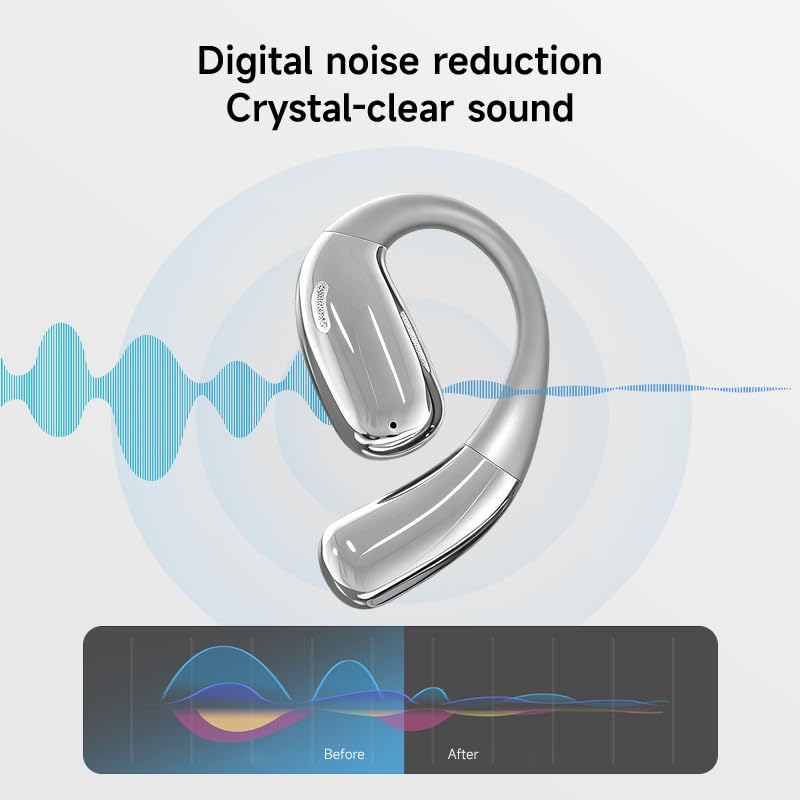 A51 Open Ear Headphones, True Wireless Earbuds with Mic & Earhooks | Deep Bass Sound, 20H Playtime & Digital Display, AI Clear Calls, Secure Comfortable Fit - Running, Sport, Meeting (Silver) - color: Silver