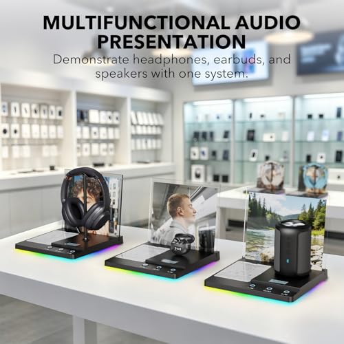1Mii DemoStation B3+ Bluetooth Audio Demo Stand for Dual Headphones Display | Headset stand for Gaming, Retail Store and Trade Show, RGB Lighting Acrylic Desk Holder with USB-C Charging/Optical/3.5mm AUX