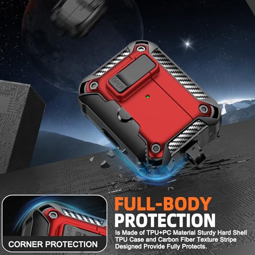 for AirPods Pro 1st/2nd Case with Lock & Phone Stand(Red) | Automatic Snap Switch Lock,Carbon Fiber Texture Design Cover with Cleaner Kit - color: BB-Red